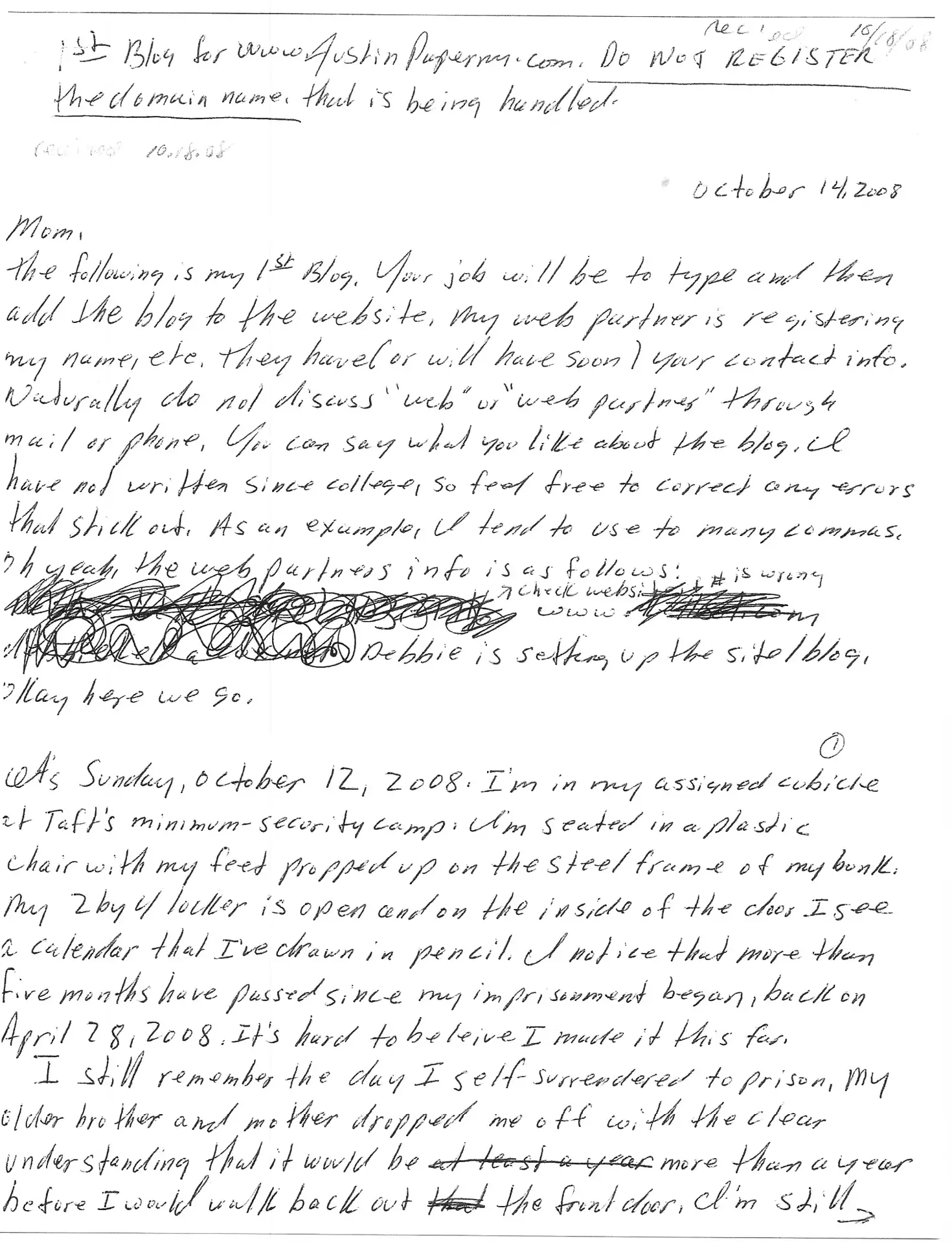 First Prison Blog Letter
