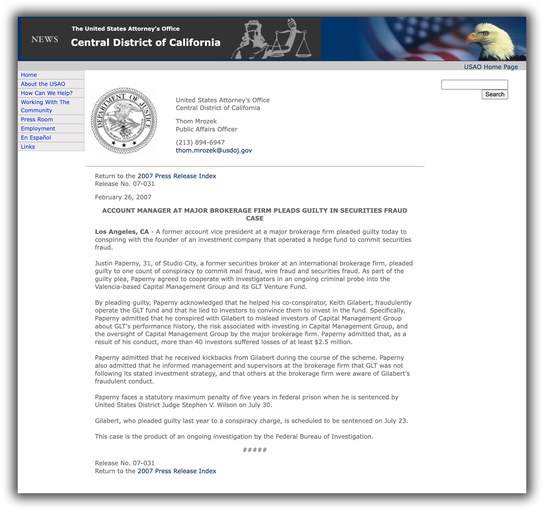 Department of Justice Press Release Screenshot