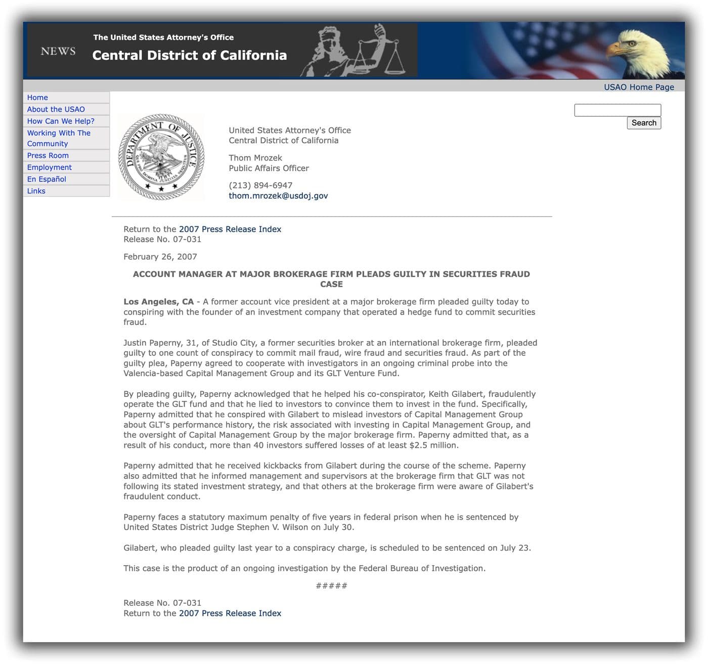 Department of Justice Press Release Screenshot