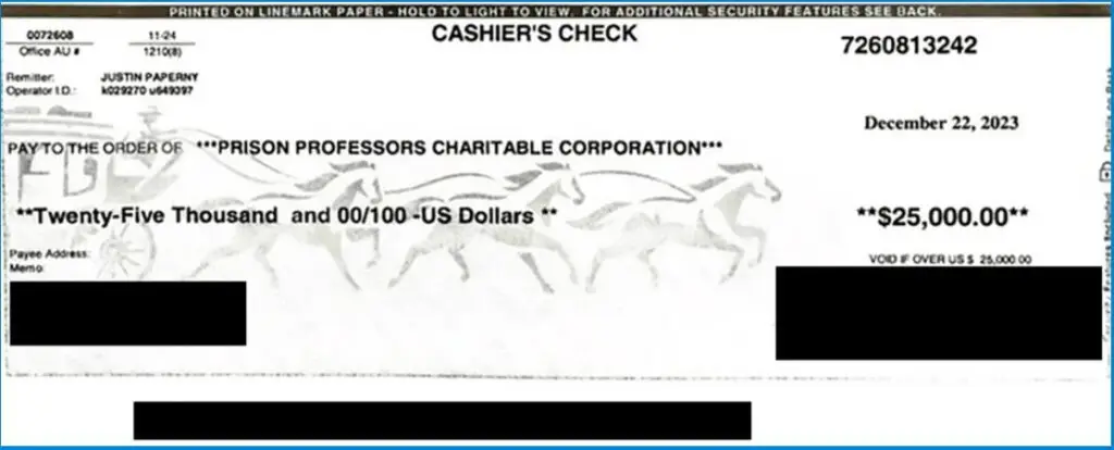 Sponsorship check to Prison Professors Charitable Corporation