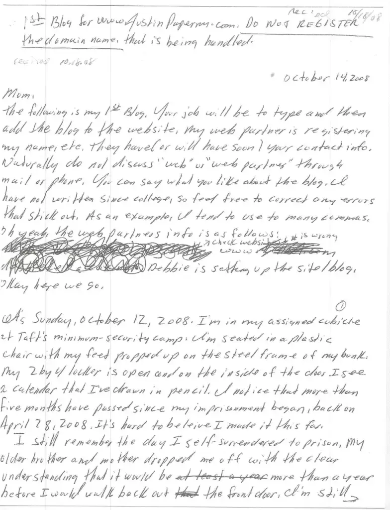 Justin's handwritten first blog.