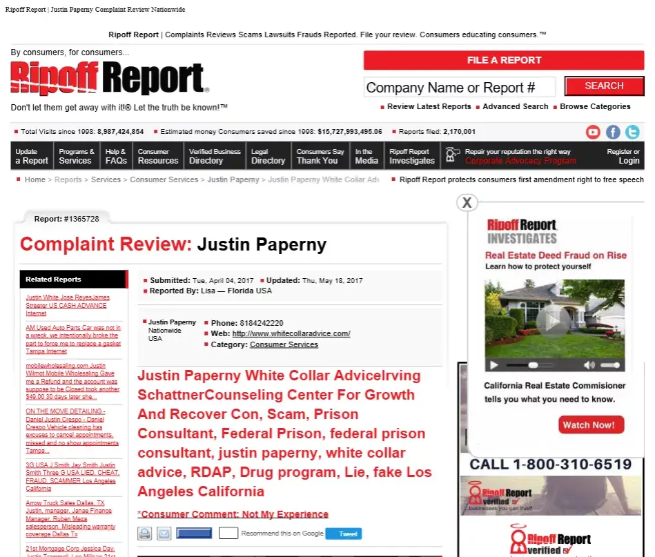 Should I Hire A Lawyer Right Away? | Chapter 2 IMAGE: Screenshot of Ripoff Report No. 1365728, filed April 4, 2017 under the name “Lisa.” The author was later identified and admitted in a signed legal document to being a competitor, not a client.